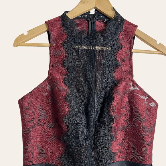 Express Black Red Lace Pleated Sleeveless Cocktail Midi Dress Size 6 - Picture 3 of 10